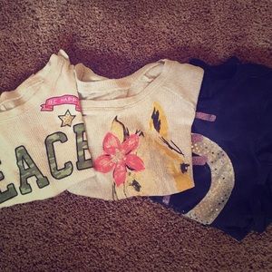 Three Justice brand girl shirts and mesh sweaters.